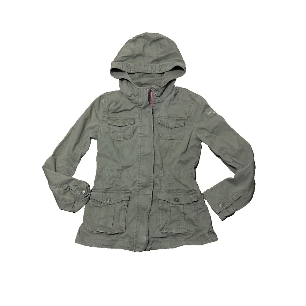 Aeropostale Girls Utility Jacket Size M Army Green Hooded‎ Zip Drawstring